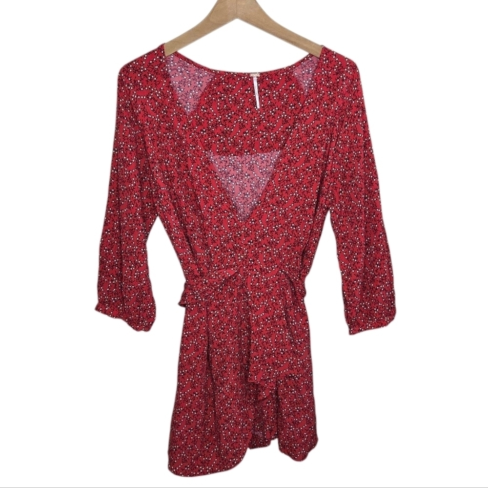 Free People | Clara Red Floral Wrap Short Mini Dress Size Small